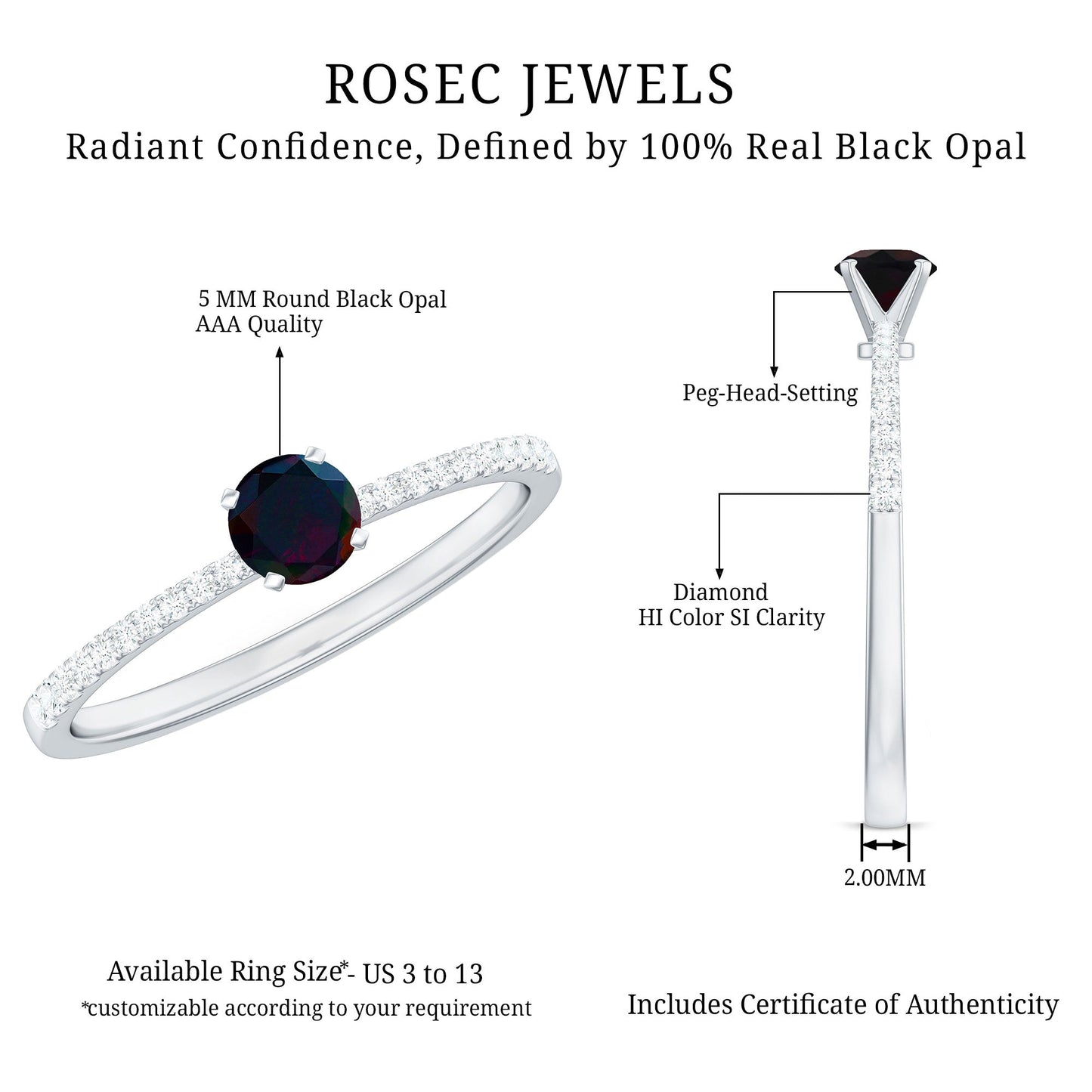 0.4 Carat Round Black Opal Solitaire Engagement Ring with Diamond