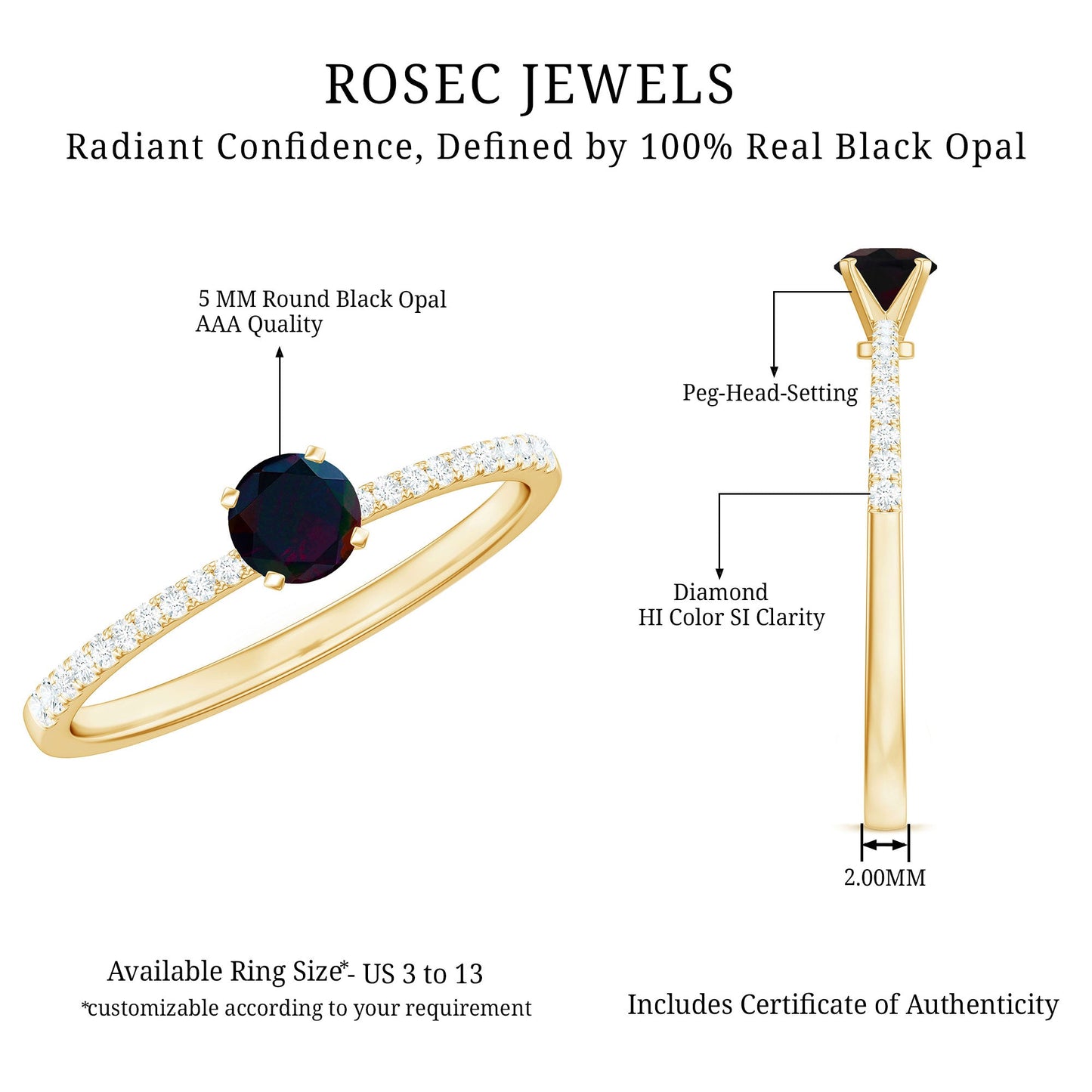 0.4 Carat Round Black Opal Solitaire Engagement Ring with Diamond