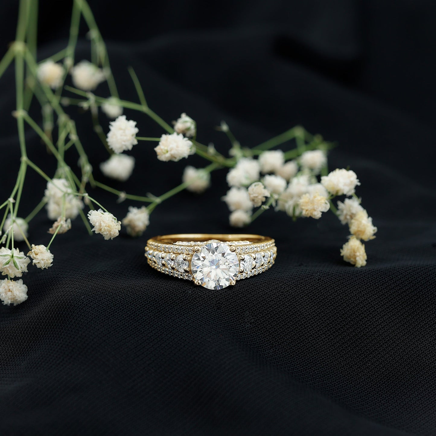 Round Brilliant Cut Moissanite Side Stone Engagement Ring
