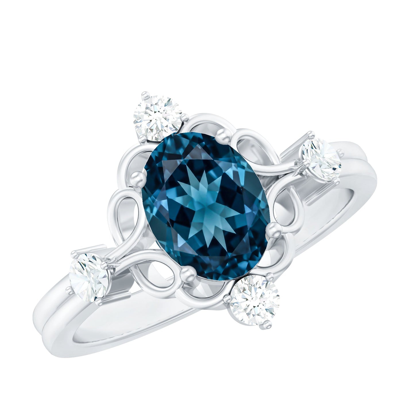 Art Deco Inspired Blue Topaz Oval Engagement Ring with Diamond