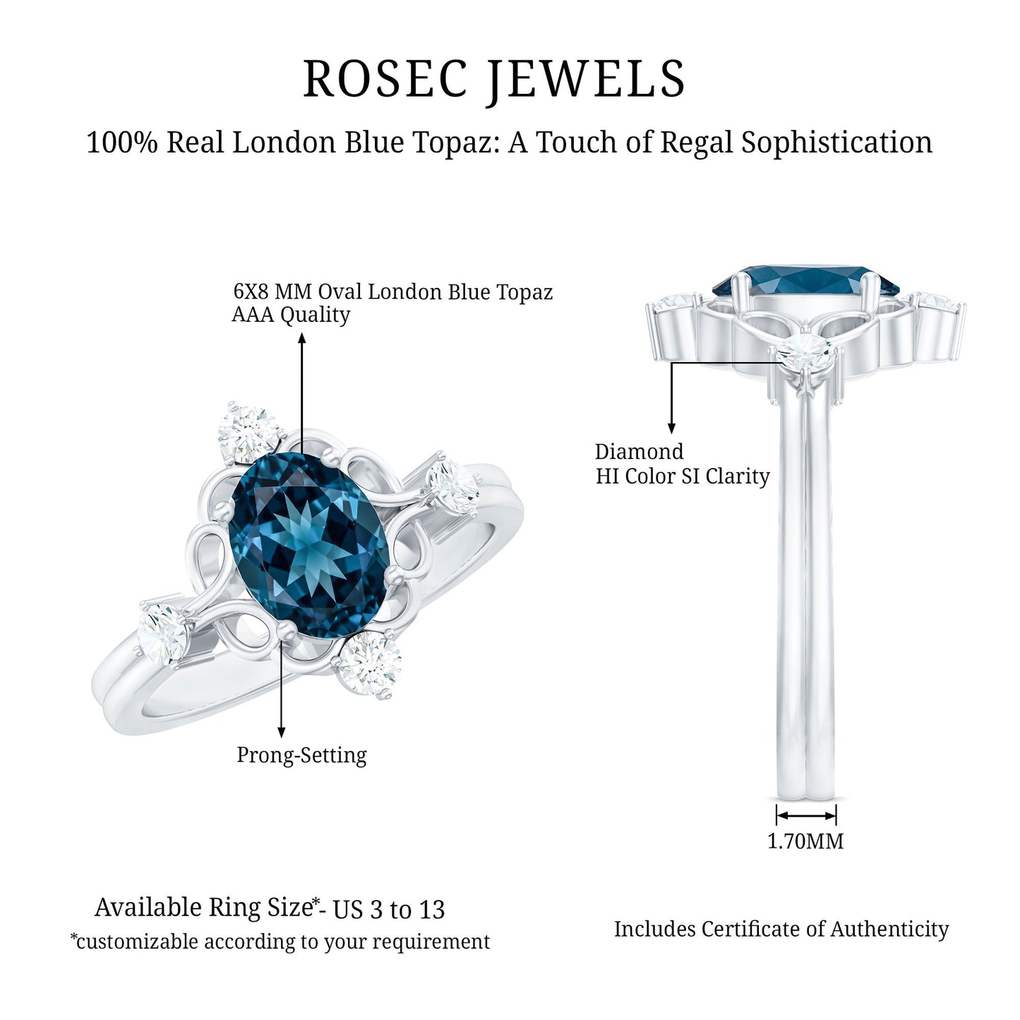 Art Deco Inspired Blue Topaz Oval Engagement Ring with Diamond