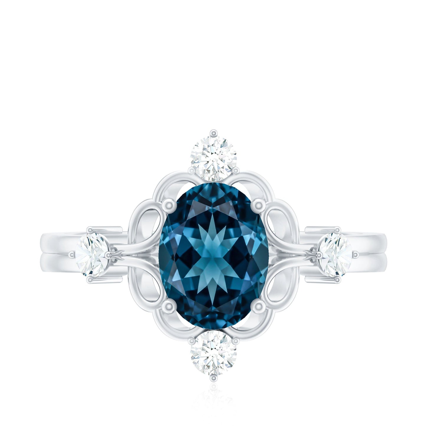 Art Deco Inspired Blue Topaz Oval Engagement Ring with Diamond