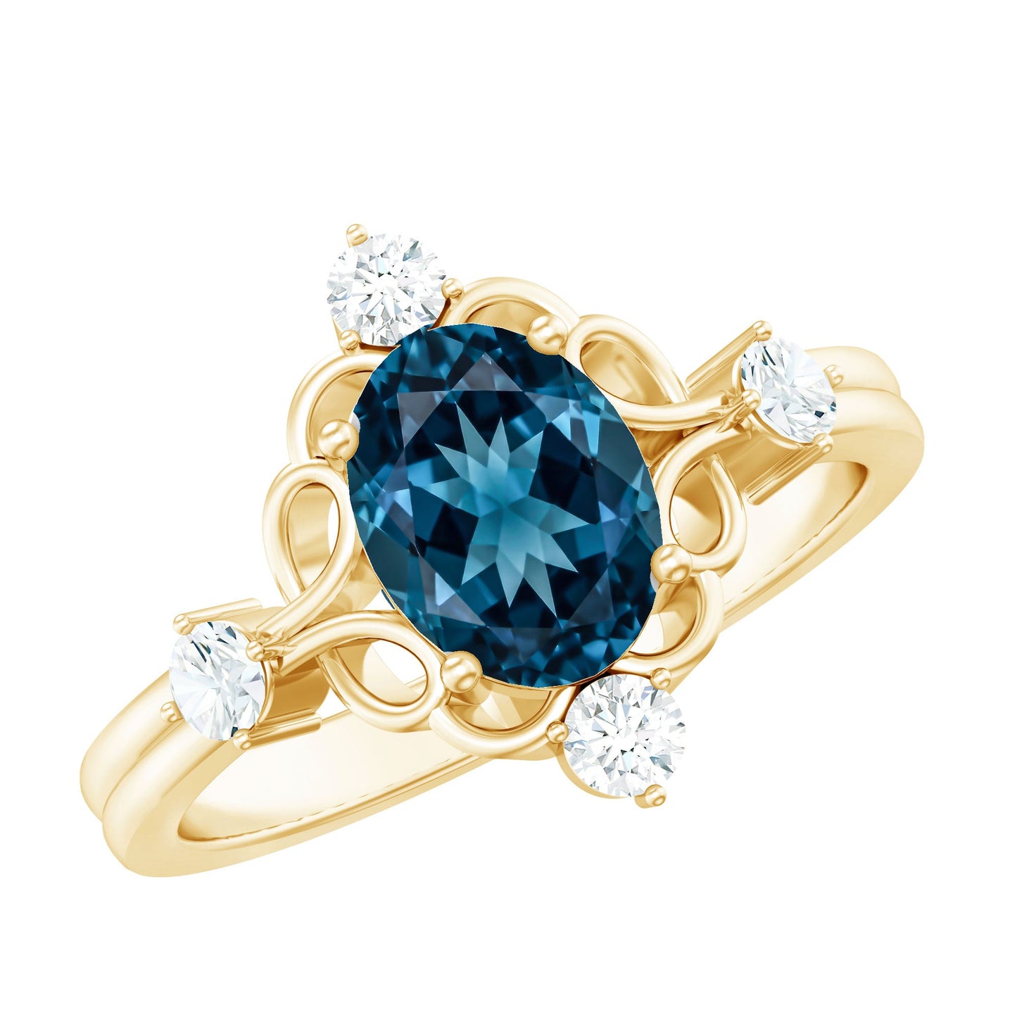 Art Deco Inspired Blue Topaz Oval Engagement Ring with Diamond