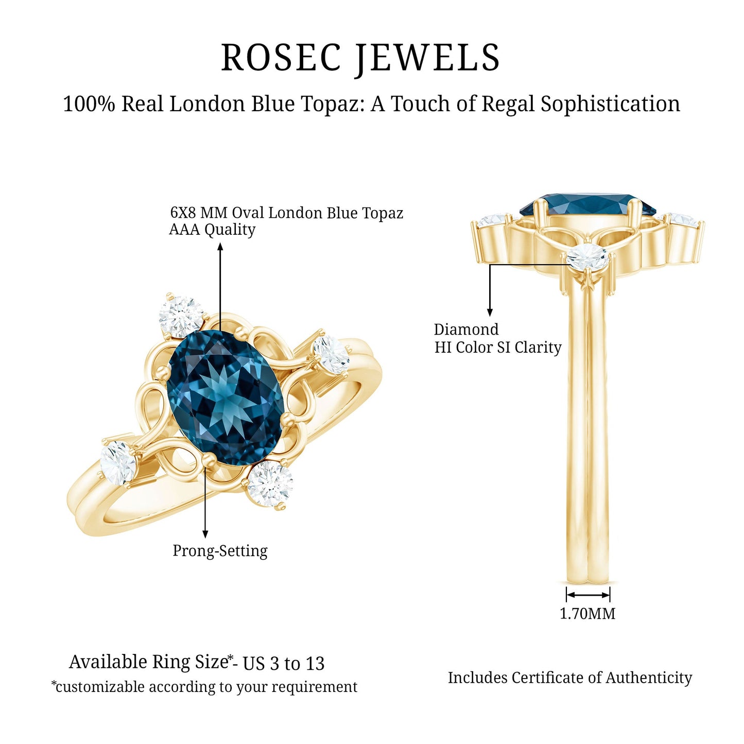 Art Deco Inspired Blue Topaz Oval Engagement Ring with Diamond