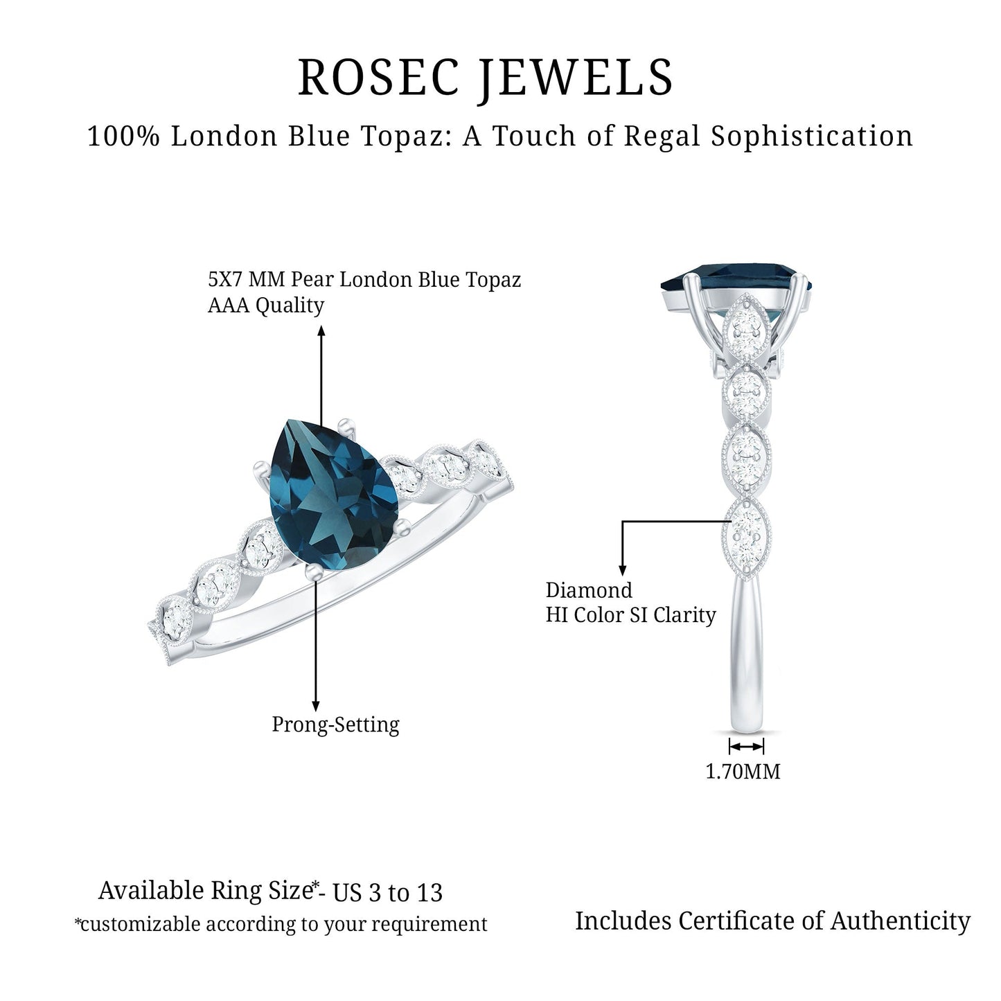 Pear Shaped London Blue Topaz and Diamond Engagement Ring For Women