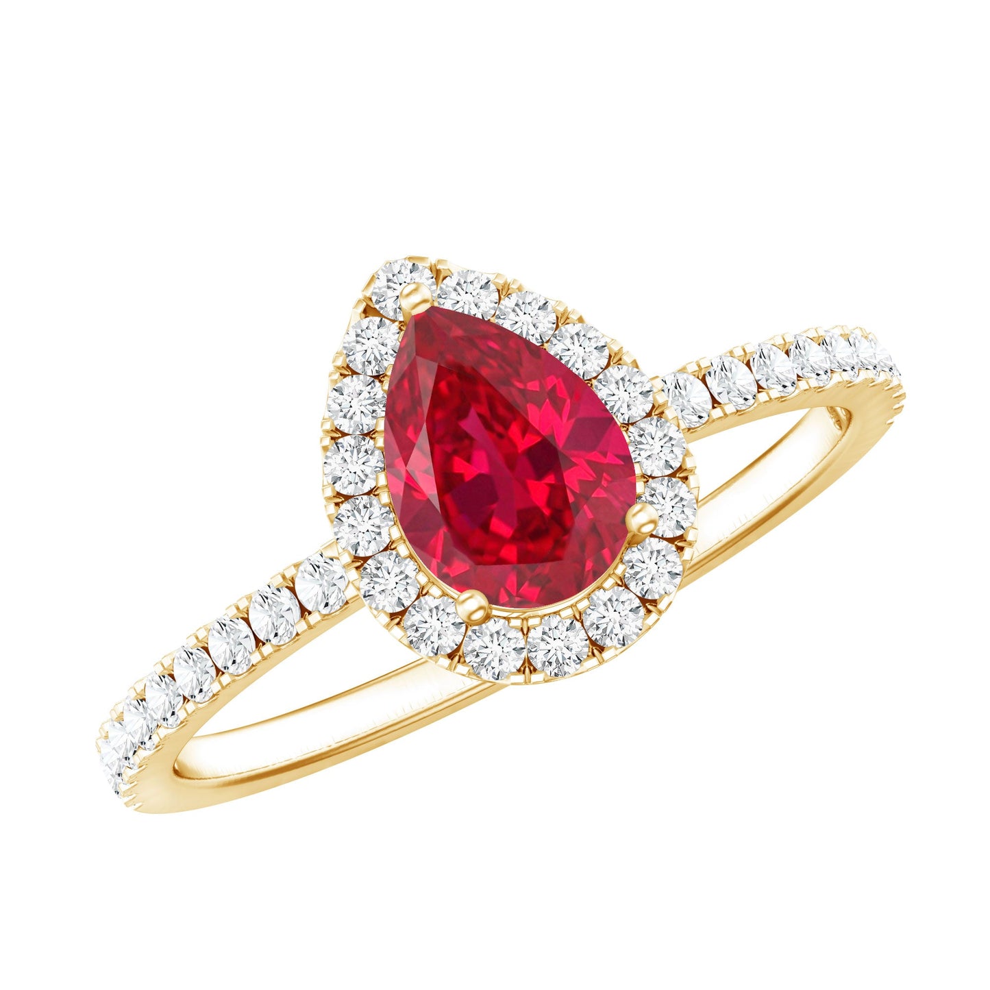 Lab Created Ruby Teardrop Halo Engagement Ring with Diamond