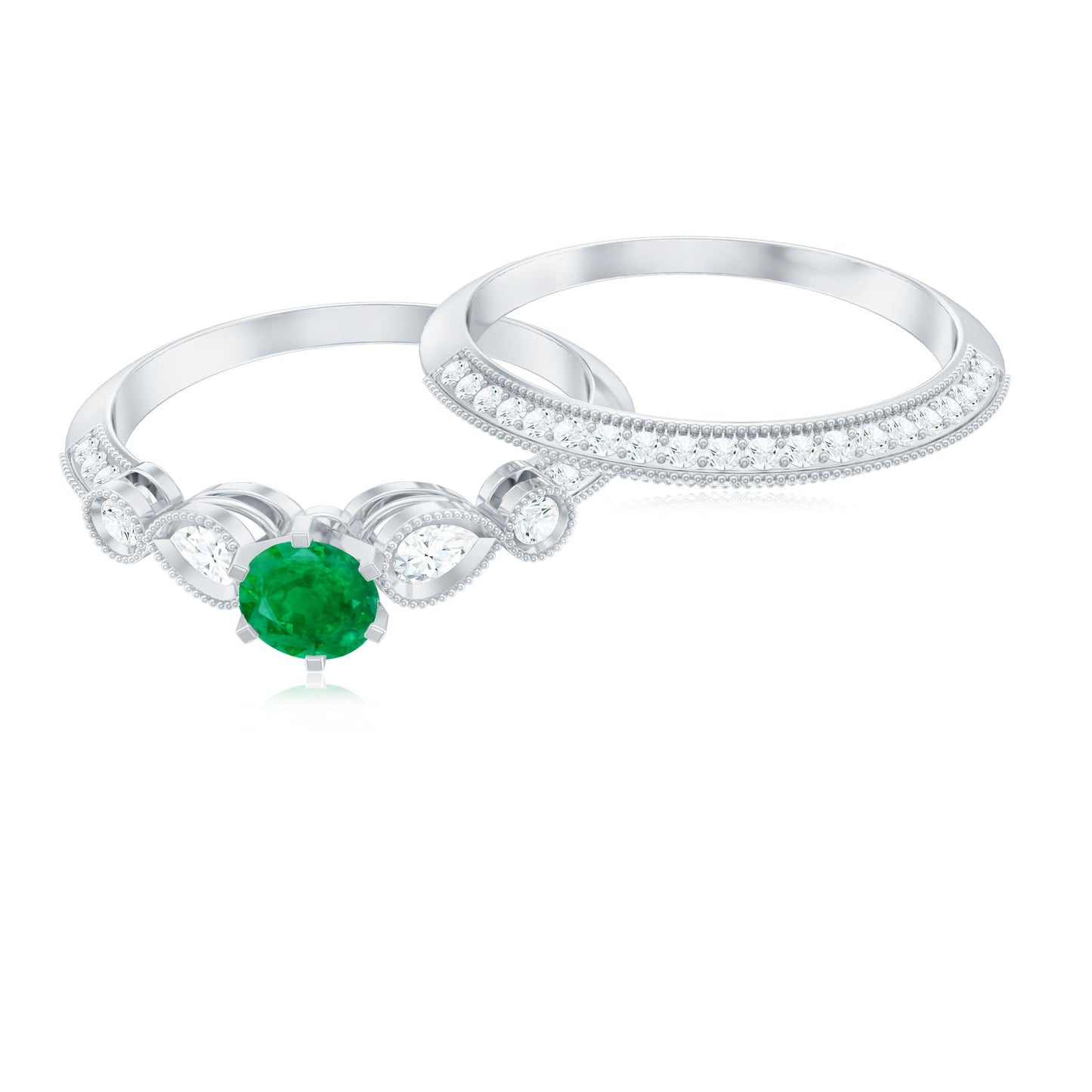 Vintage Looking Emerald Diamond Engagement Wedding Ring Set of 2