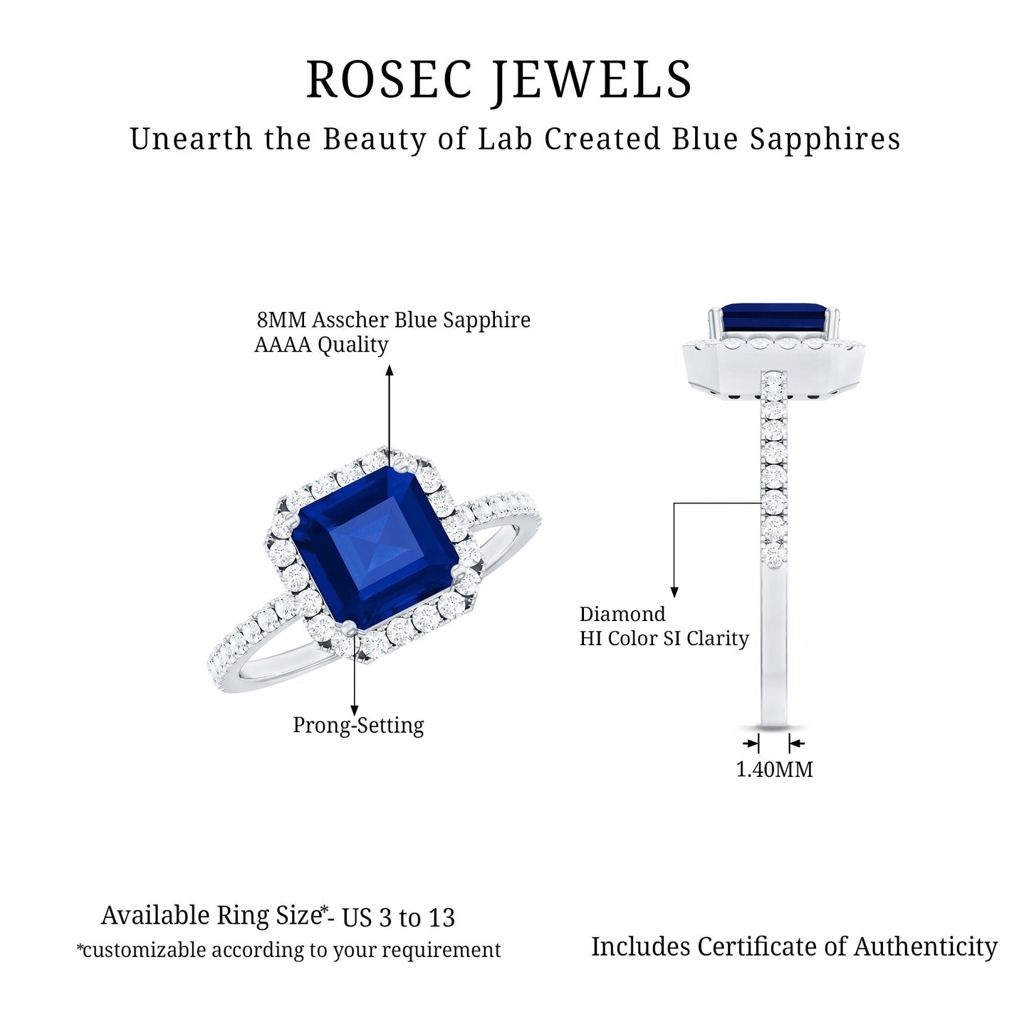 Certified 4.8 Carat Lab Grown Blue Sapphire Asscher Cut Engagement Ring with Diamond Halo