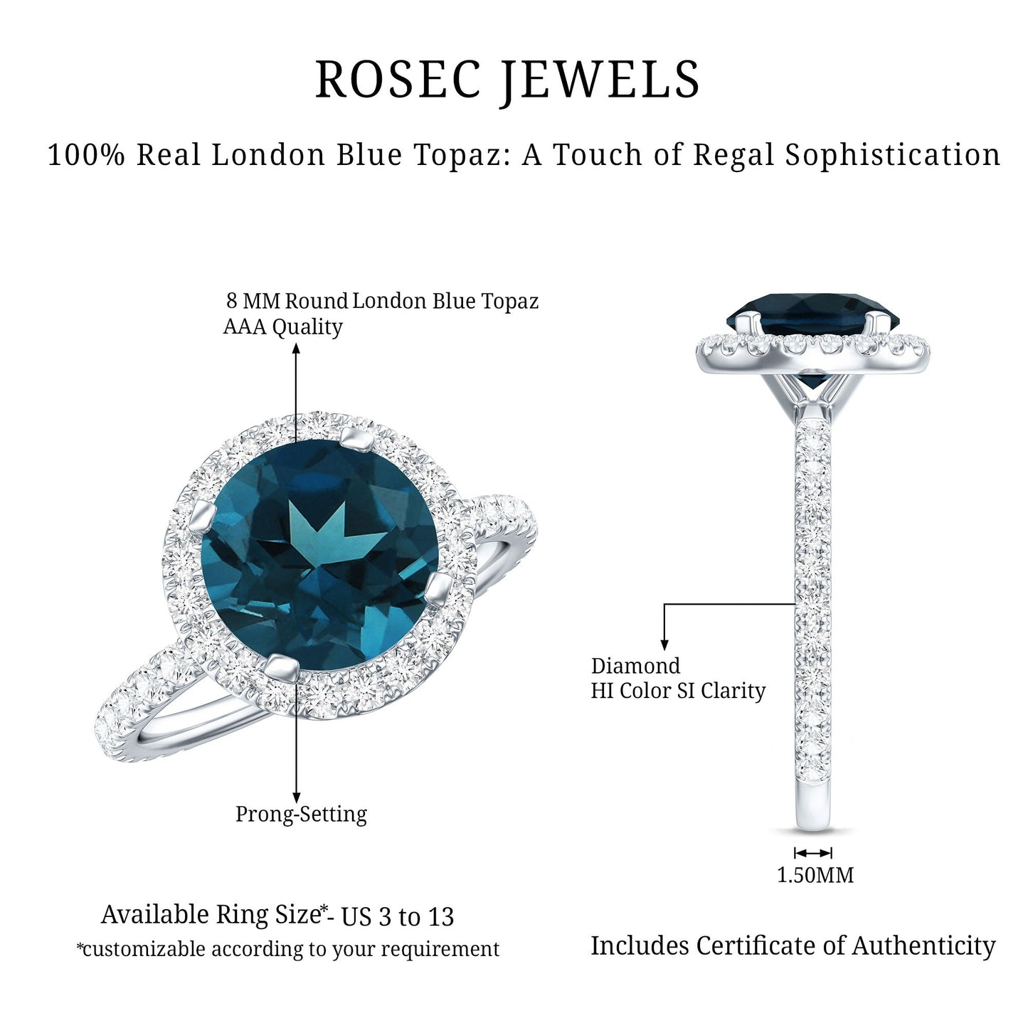 2 Carat London Blue Topaz Classic Engagement Ring with Diamond