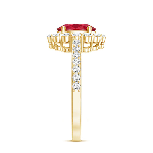 1.5 Carat Oval Cut Created Ruby Engagement Ring with Moissanite Halo