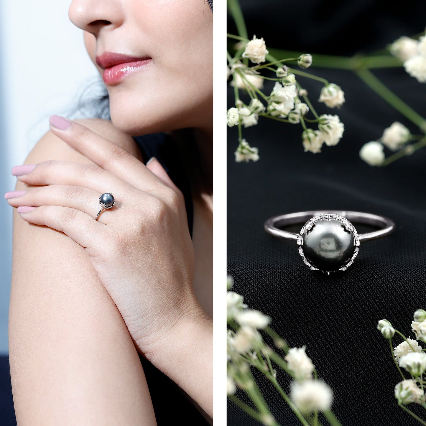 Handpicked Genuine Black Tahitian Pearl Engagement Ring