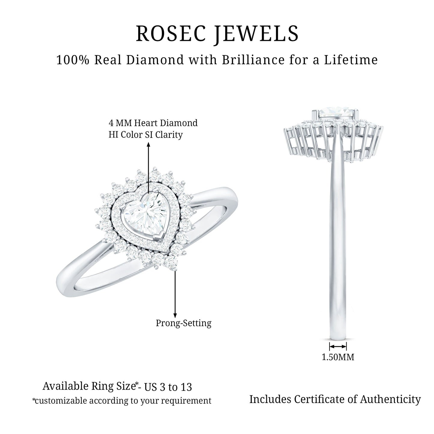 Certified Real 0.27 Carat Diamond Heart Engagement Ring with Double Halo