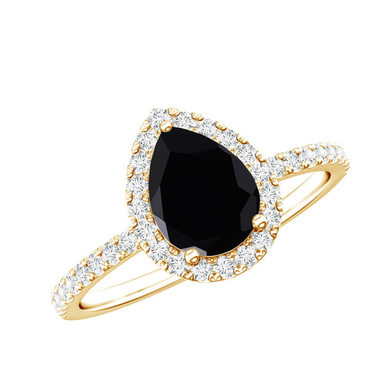 1 Carat Black Onyx Pear Engagement Ring with Diamond Halo