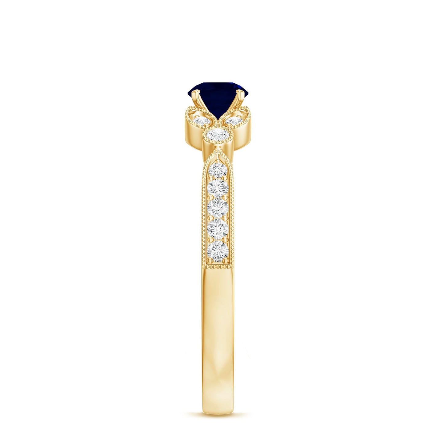 Vintage Inspired Blue Sapphire and Diamond Engagement Ring with Milgrain Details