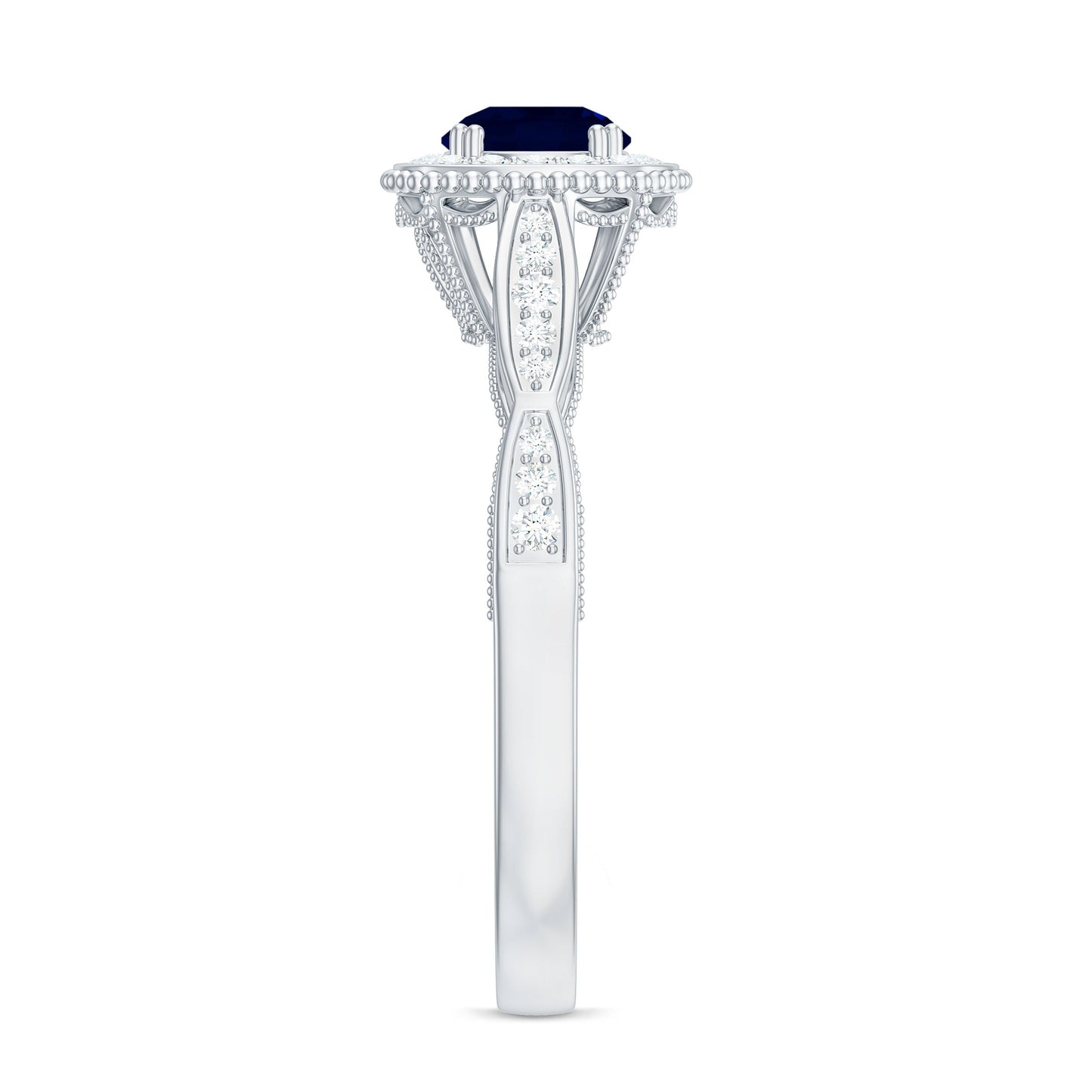 Round 0.9 Carat Blue Sapphire Antique Engagement Ring with Diamond Halo