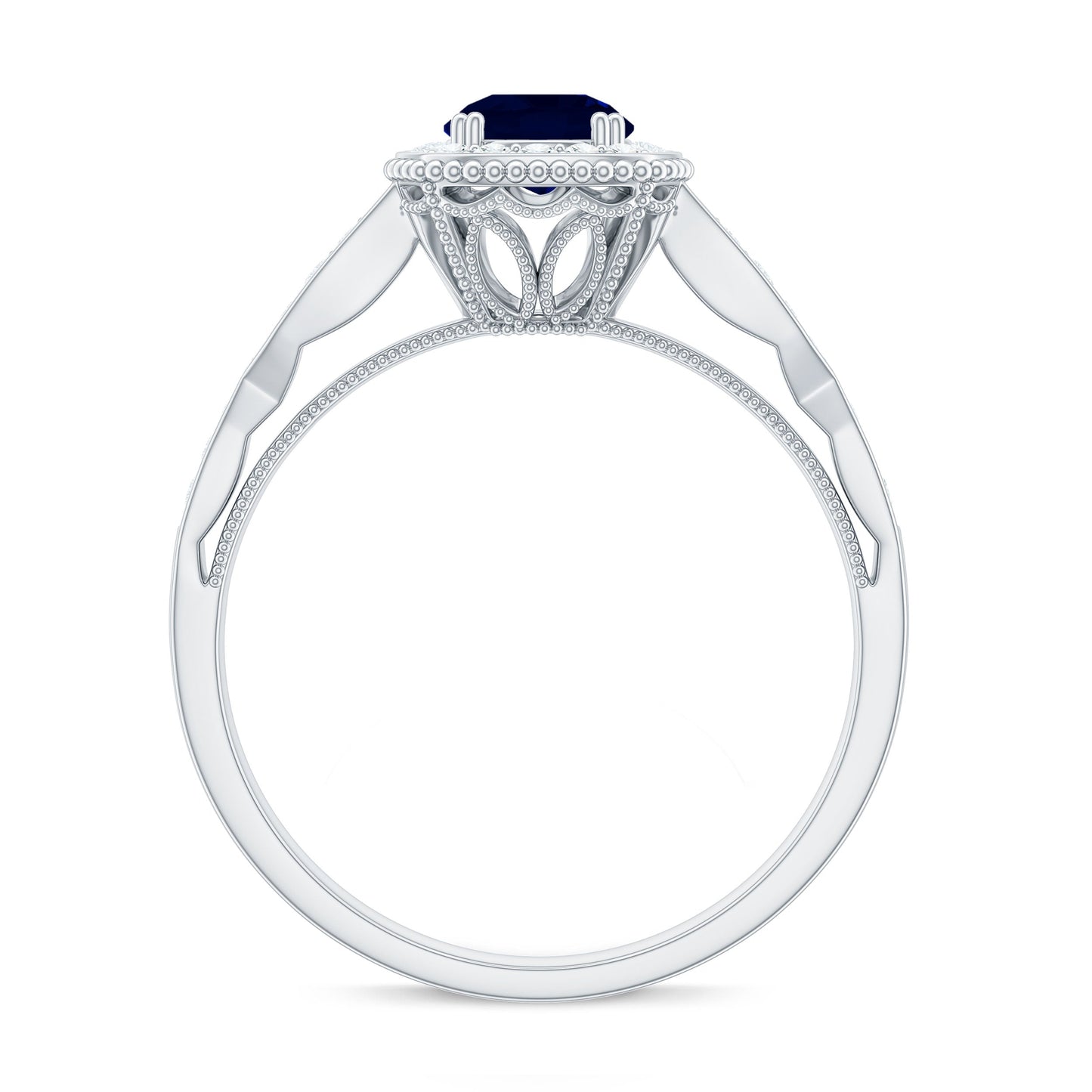 Round 0.9 Carat Blue Sapphire Antique Engagement Ring with Diamond Halo