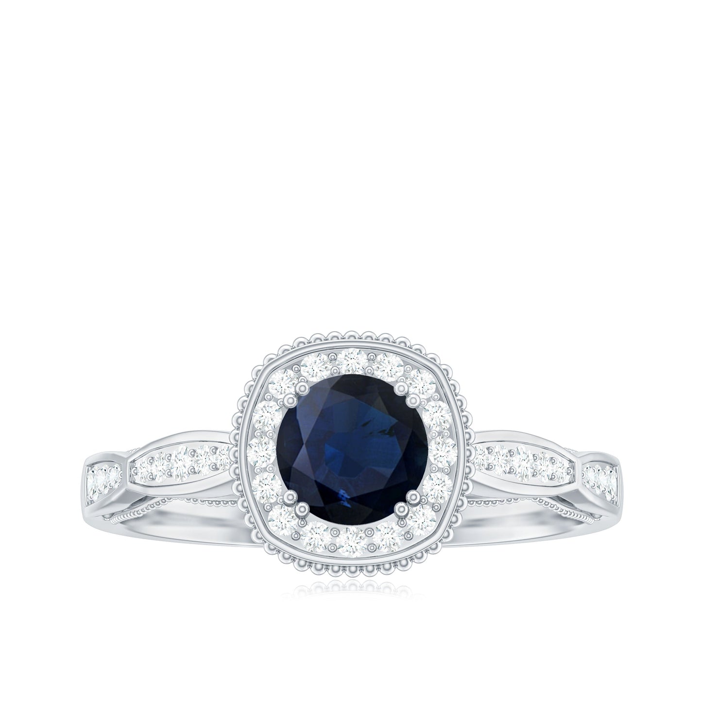 Round 0.9 Carat Blue Sapphire Antique Engagement Ring with Diamond Halo