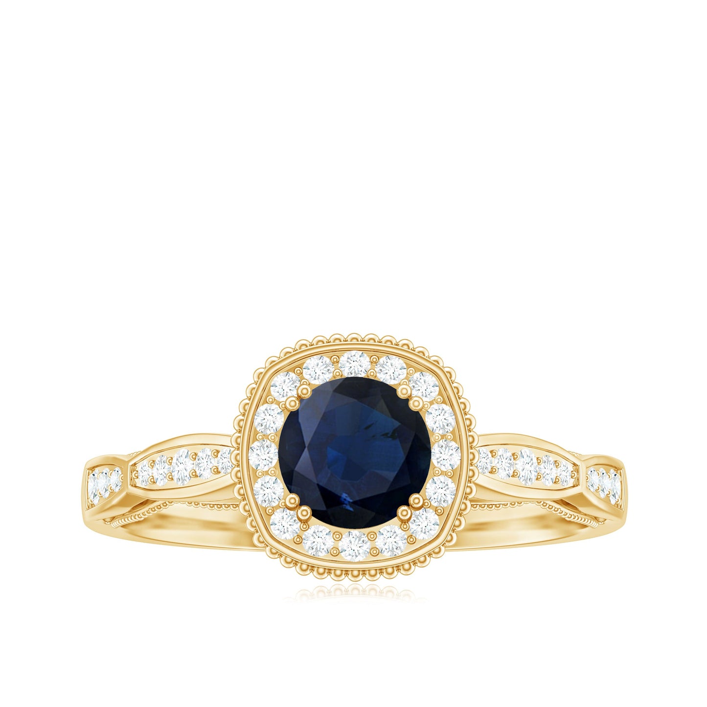 Round 0.9 Carat Blue Sapphire Antique Engagement Ring with Diamond Halo