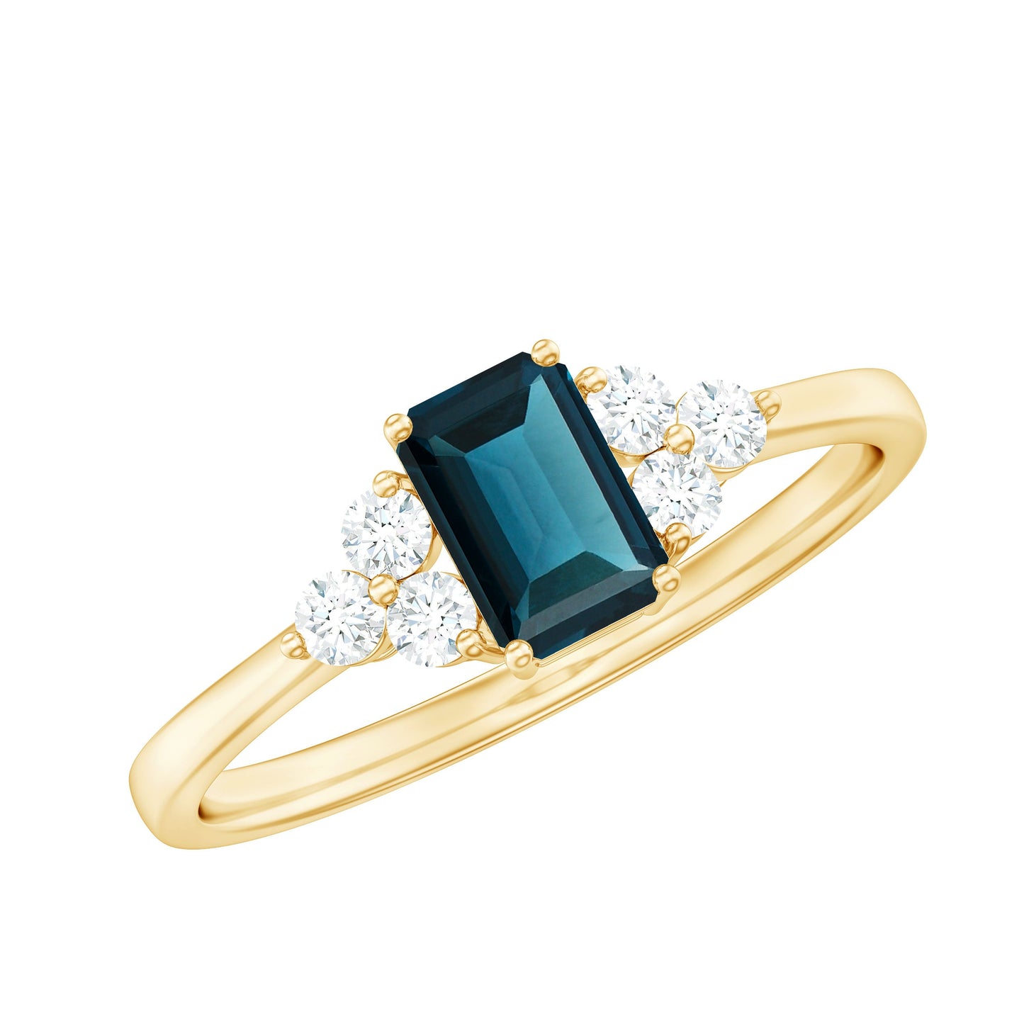 Emerald Cut London Blue Topaz Engagement Ring with Diamond Trio