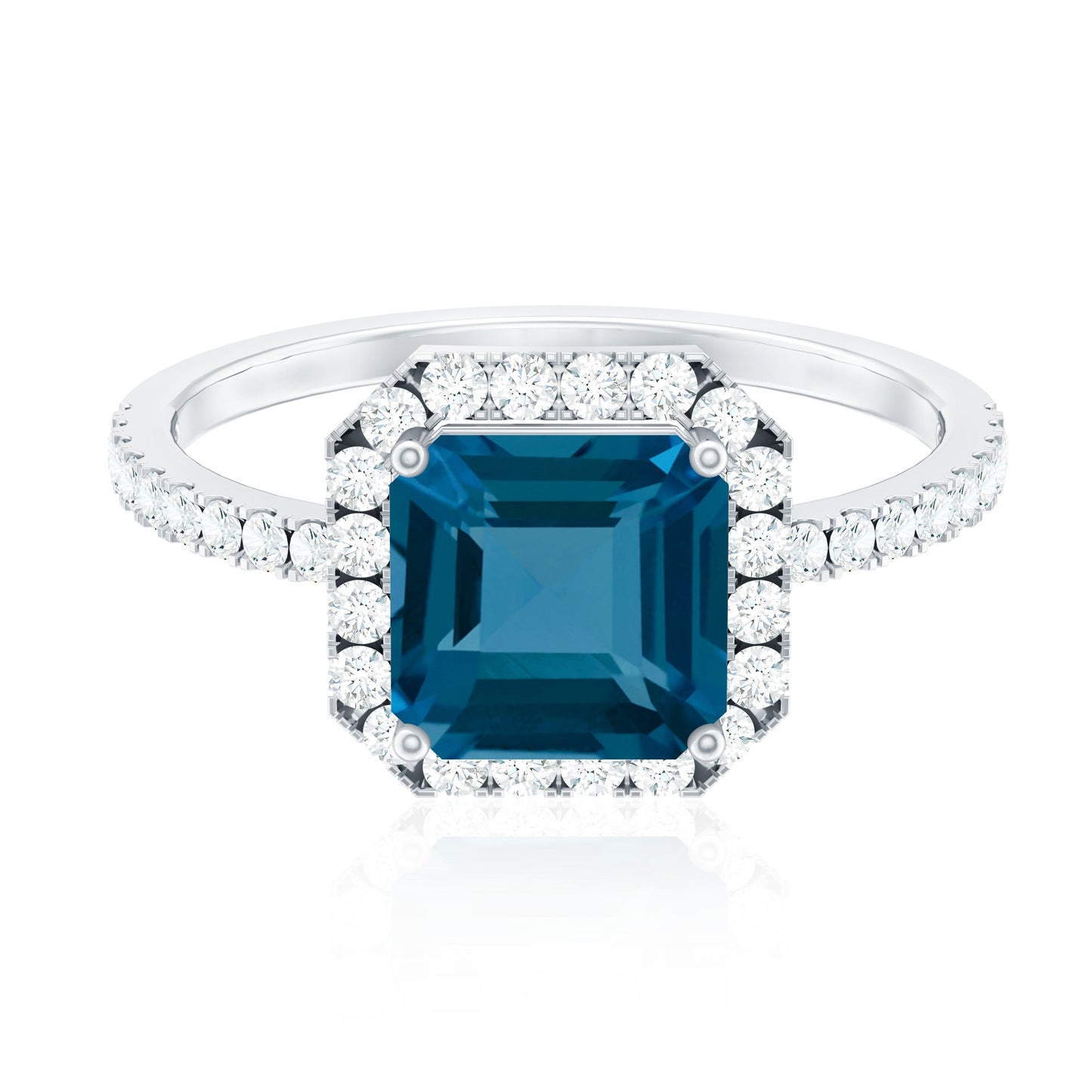 3 Carat Asscher Cut London Blue Topaz Vintage Engagement Ring with Diamond Halo