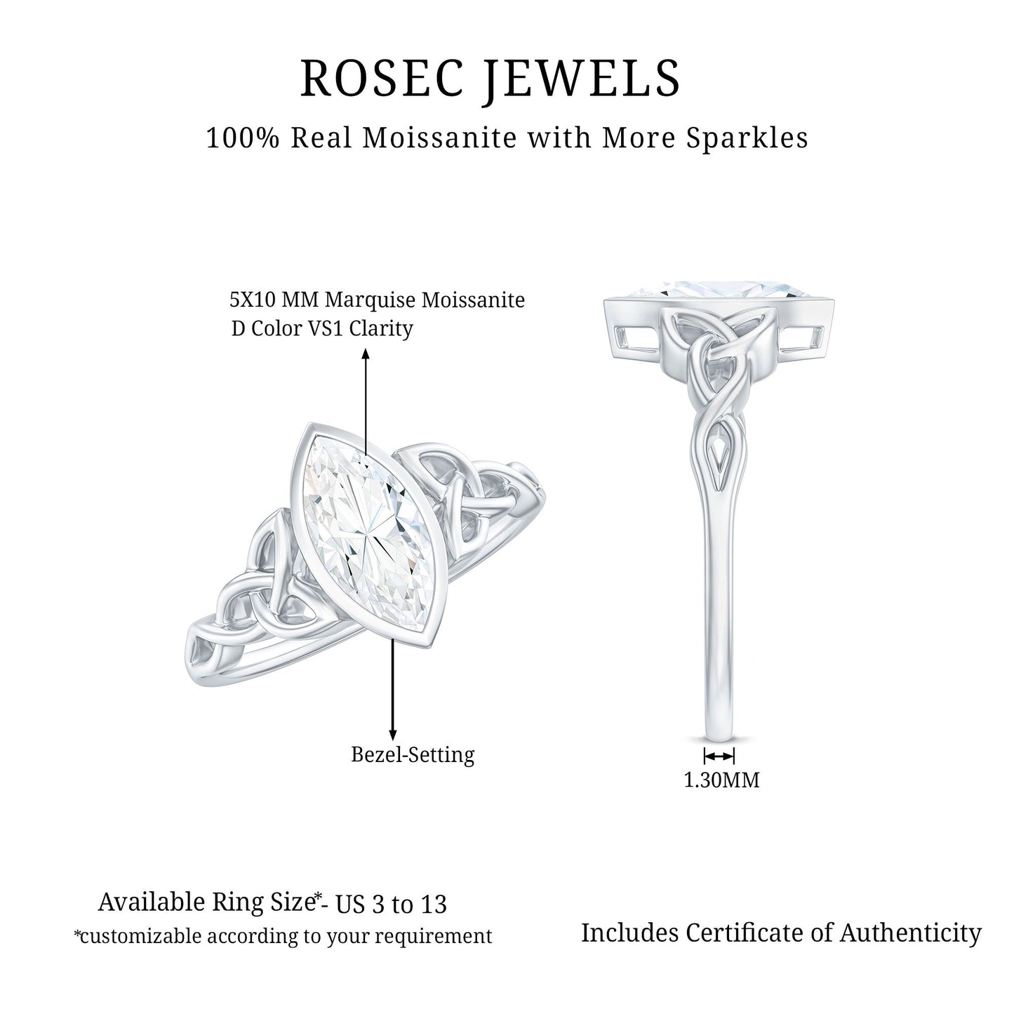 Moissanite 1 Carat Marquise Cut Engagement Ring in Bezel Setting
