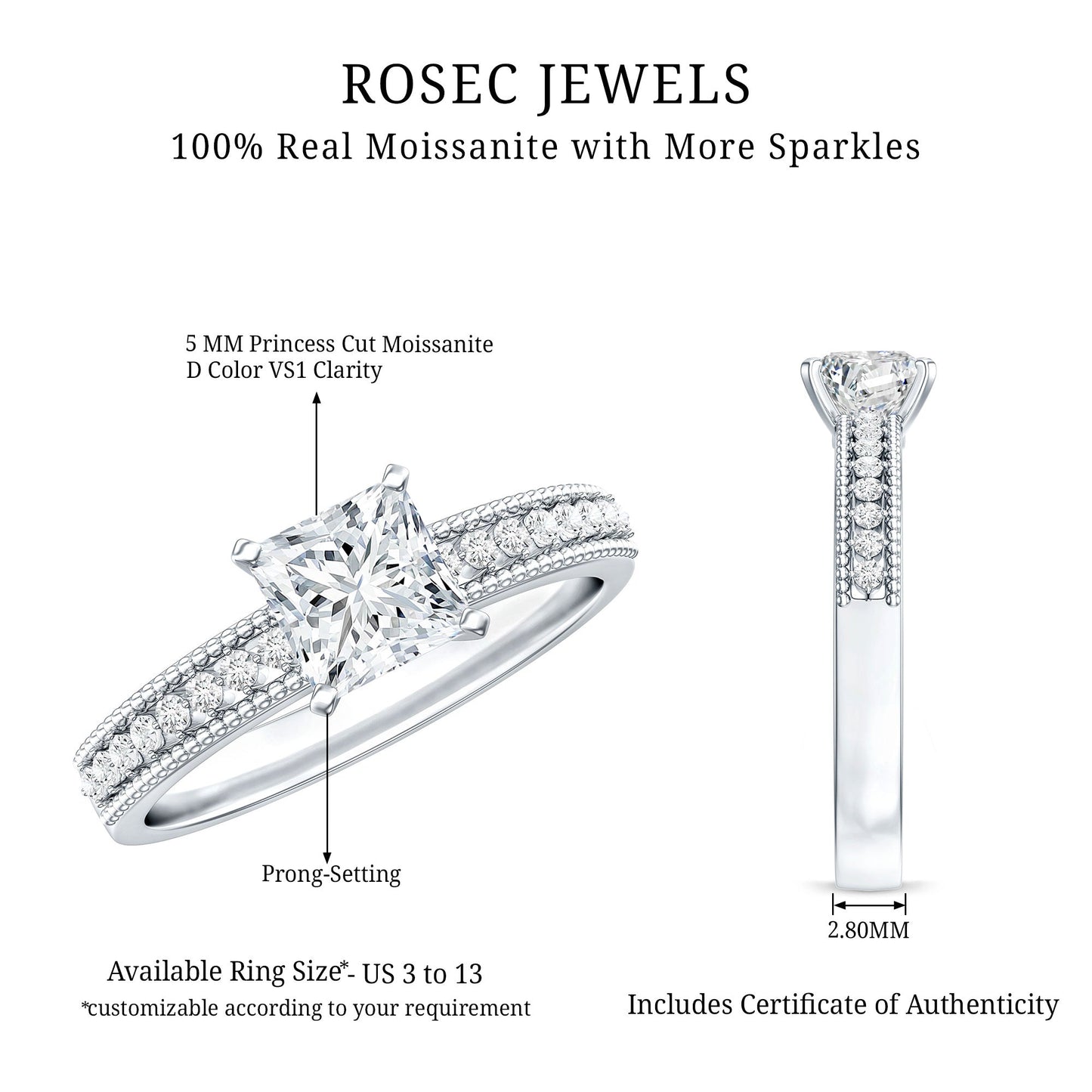 Moissanite Solitaire Engagement Ring with Princess Cut