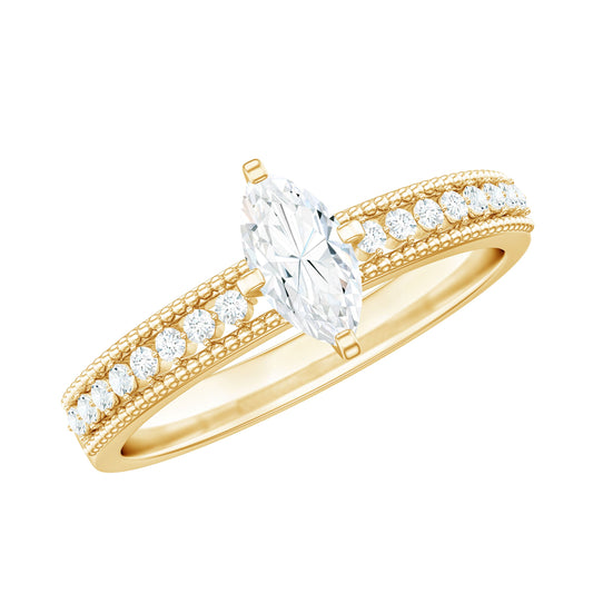 Certified Marquise Cut Moissanite Vintage Solitaire Ring with Side Stones
