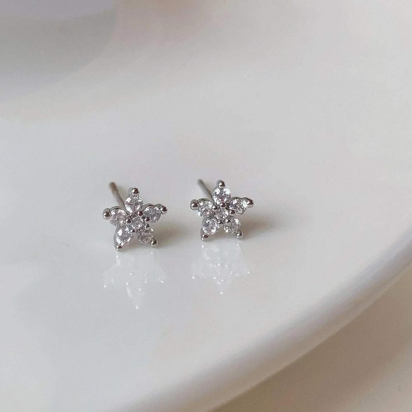 Pentagram Small Flower Zircon Stud Earrings S925 Sterling Silver Elegant Popular Female Accessories Gifts Party All Occasion