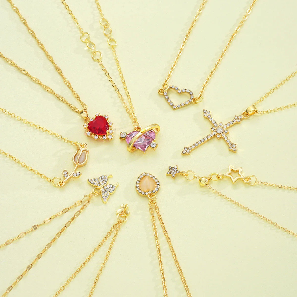 8 Pcs Simple Temperament Necklace Set For Women Elegant Gold Color Crystal Butterfly Cross Rose Heart Star Pendant Necklaces