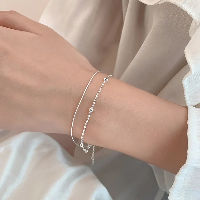 925 Sterling Silver Round Ball Lucky Bracelets Woman Double-Layer Snake Chain Hot Top Quality Jewelry Wedding Jewellery