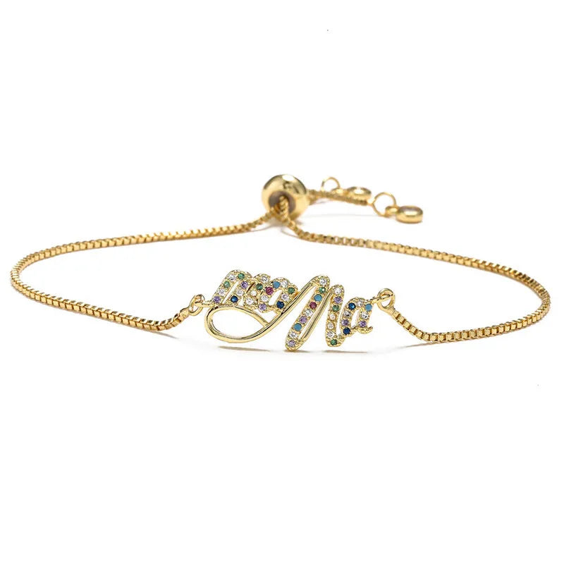 Fashion Gold Color "Mama" Charm Bracelets For Women Girl Adjustable Chain Length Luxury CZ Jewelry Gift For Mom