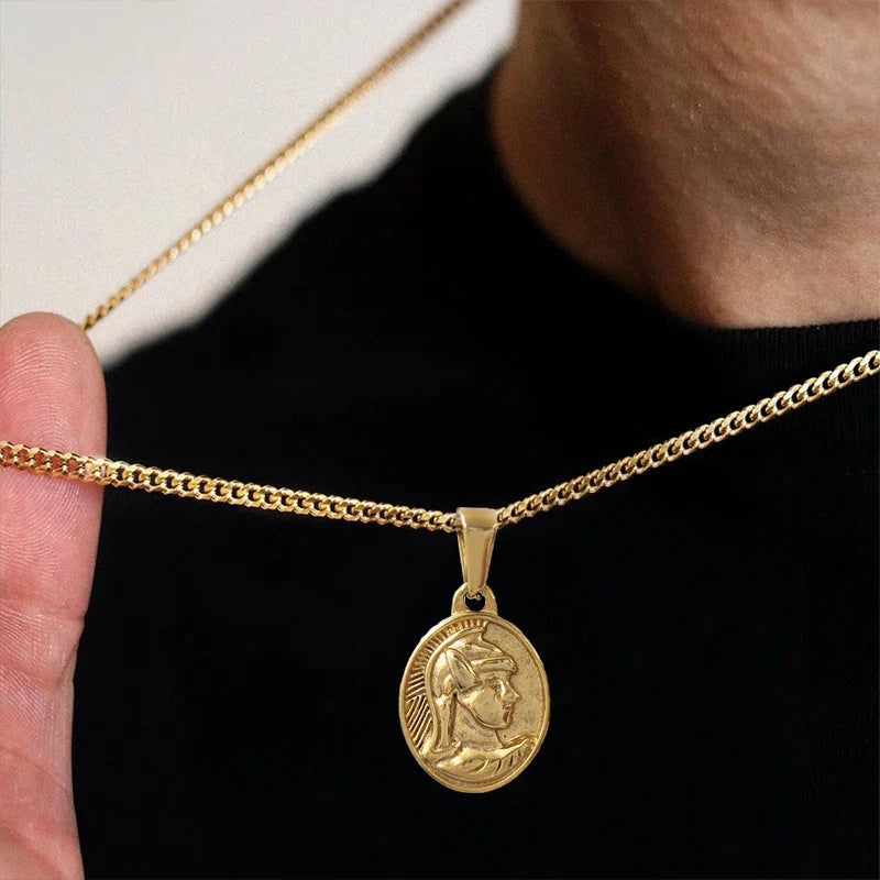 Roman Centurion Pendant 18K Gold Plated 18K Gold Plated Oval Portrait Charm Vintage Military Style Jewelry Necklace for Men