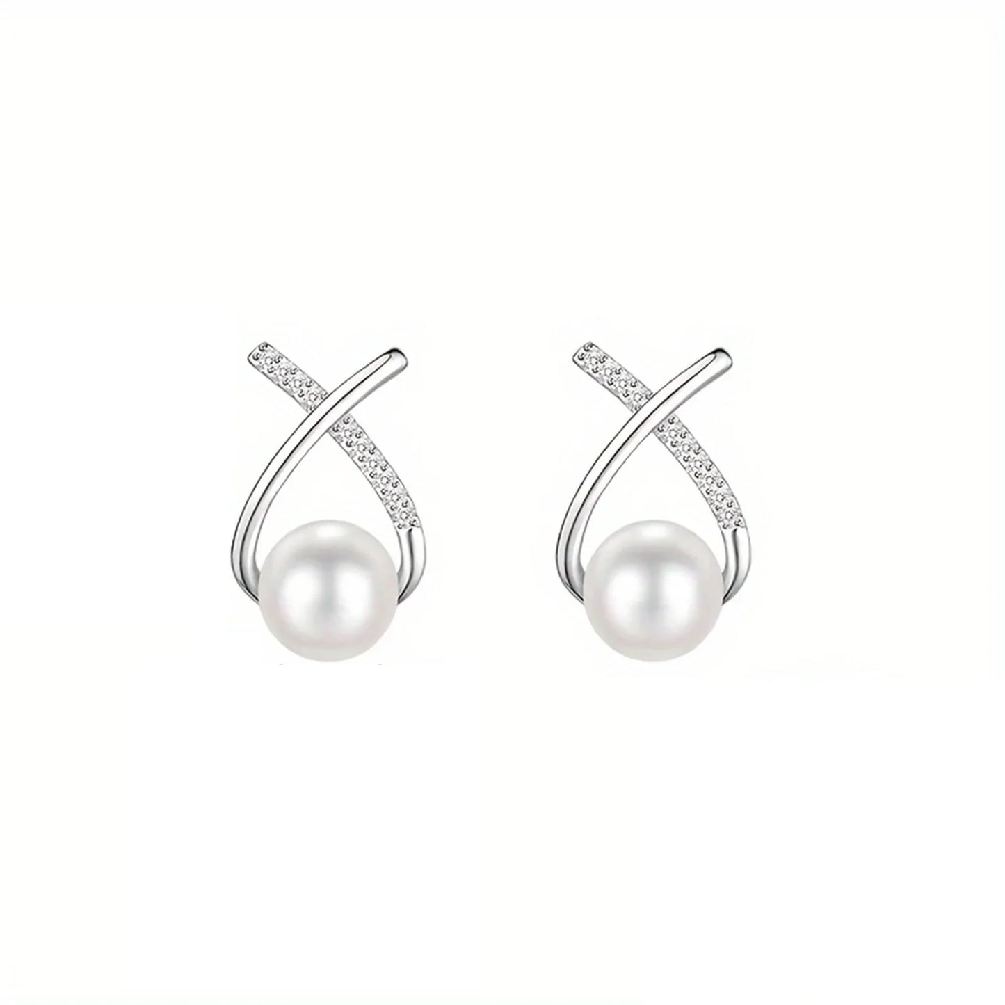 S925 silver, women's cross-tail shellfish pearl earrings, inlaid with synthetic zircon, elegant and suitable for daily wear