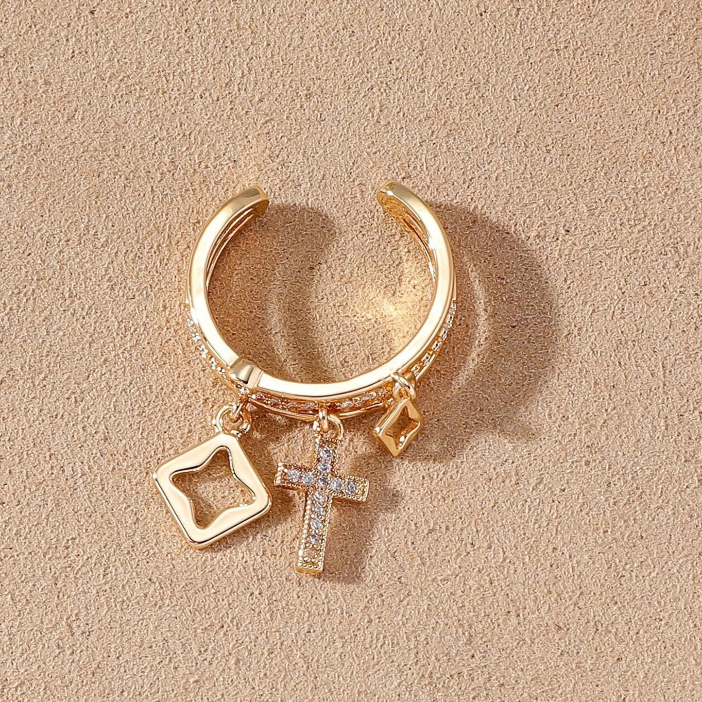 Nwe 18 K Gold Plated Sun Rings for Women Natural Stone Inlaid in Hollow Metal Texture Ring Trendy Jewelry