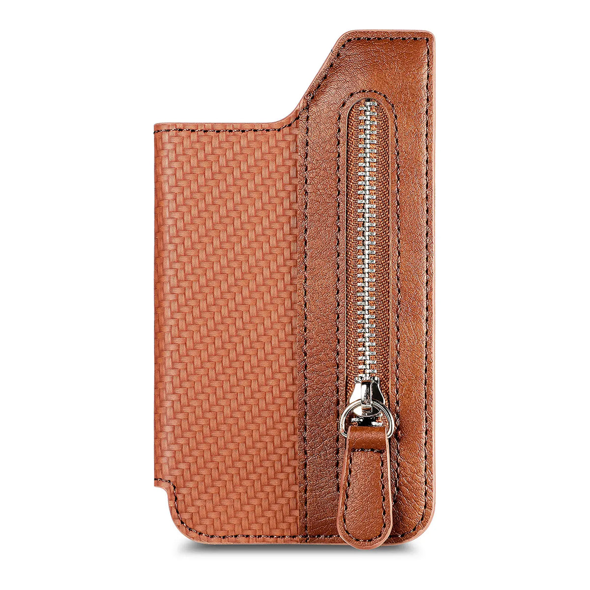 Phone Case Card Holder With Fiber Pattern PU Leather Back Sticker Card Bag Zipper Wallet Universal Desktop Support Bracket
