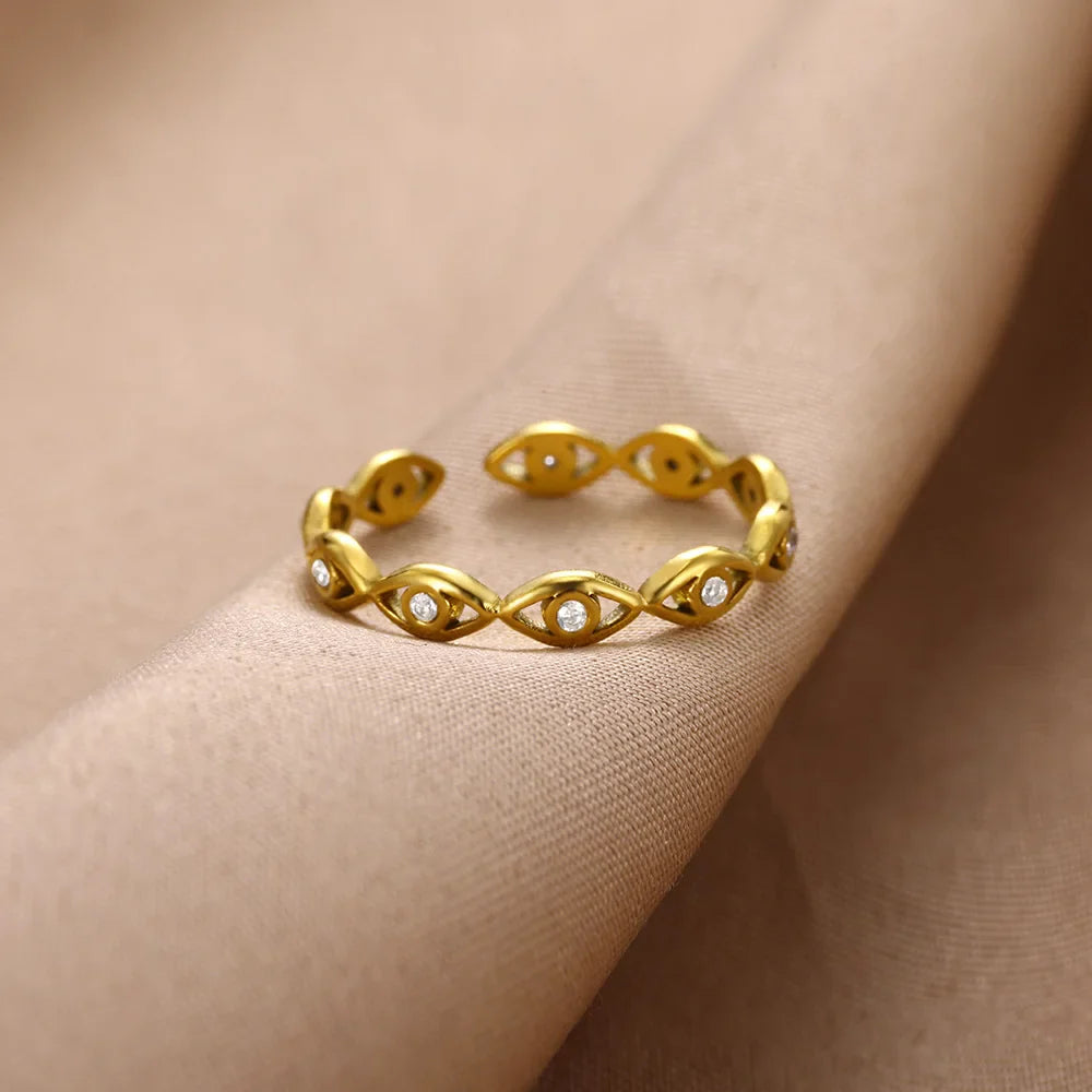 Green Zircon Evil Eye Rings For Women Stainless Steel Gold Color Geometric Open Ring New Wedding Waterproof Fashion Jewelry Gift