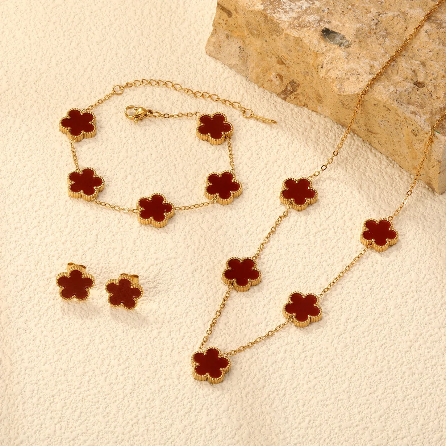 LUXUKISSKIDS Fashion Flower Necklace Earrings Set Jewelry Women Stainless Steel White Shell Clover Bracelet Jewelry Accessories