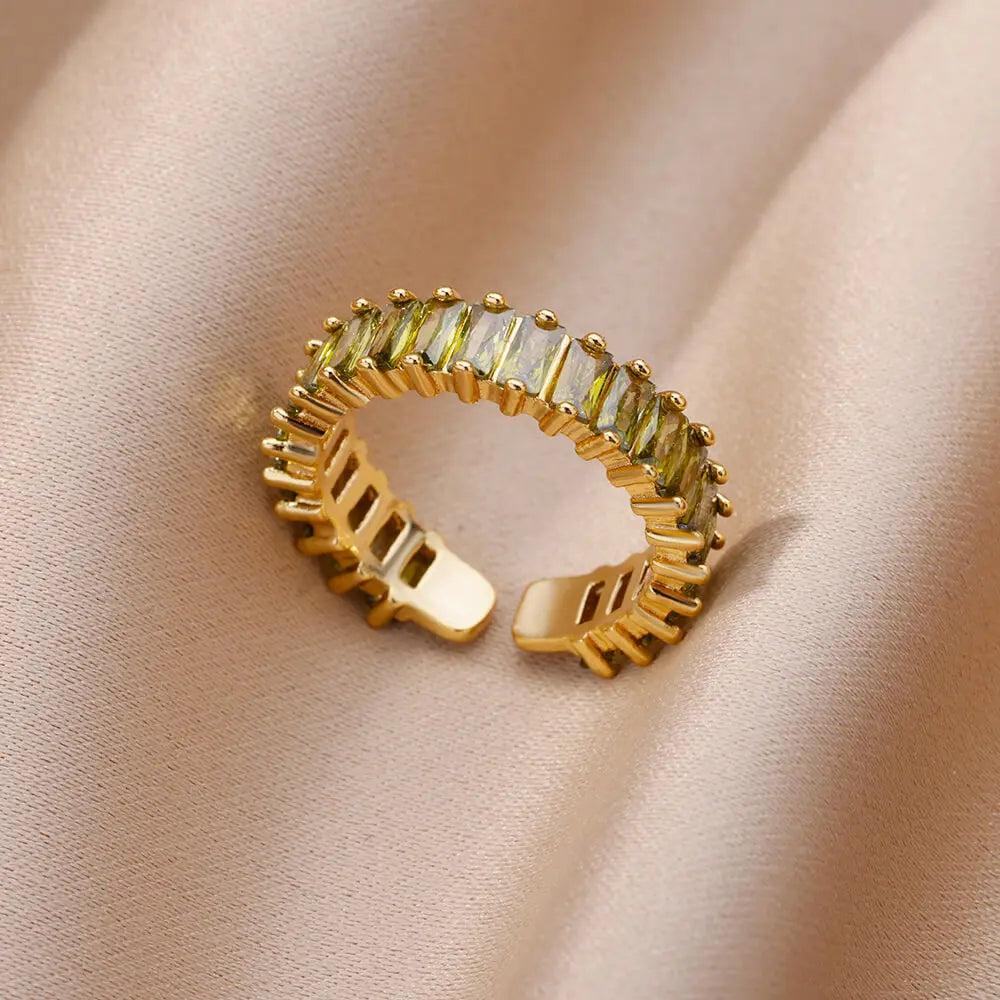 Gold Color Cubic Zircon Rings For Women Open Stainless Steel Green Luxury Crystal Finger Ring Boho Jewelry Wedding Party Gift
