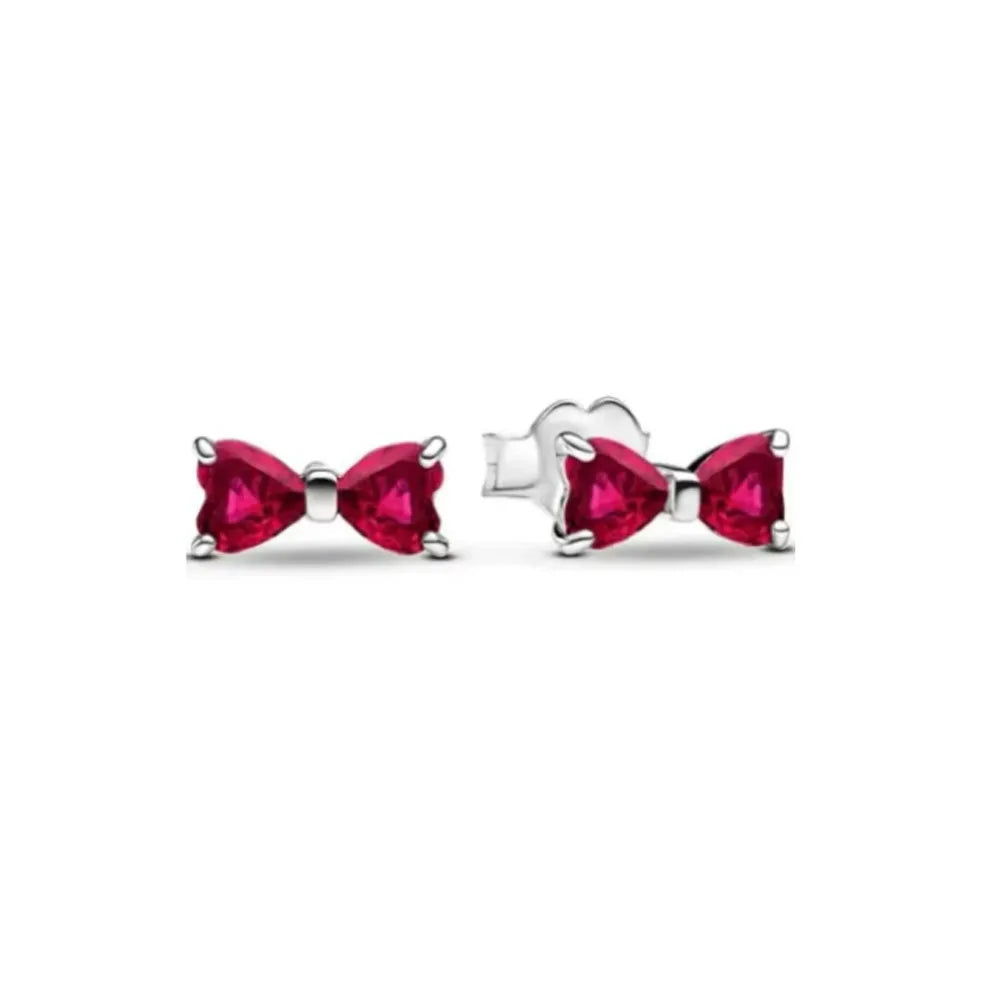 European New 925 Silver White Pink Stone Red Bow Stud Earrings, Fit Women's Festival Exquisite Charm Jewelry Gifts