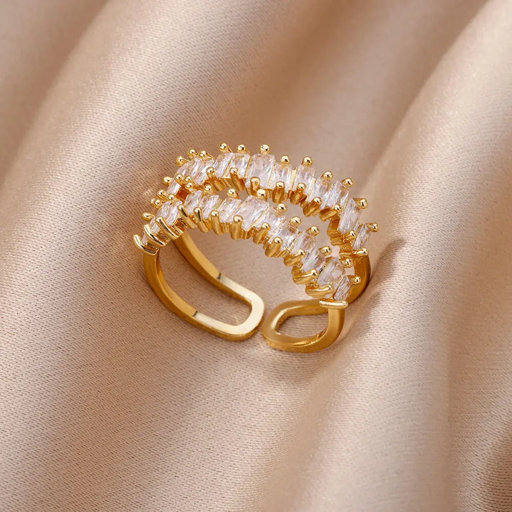 Gold Color Cubic Zircon Rings For Women Open Stainless Steel Green Luxury Crystal Finger Ring Boho Jewelry Wedding Party Gift