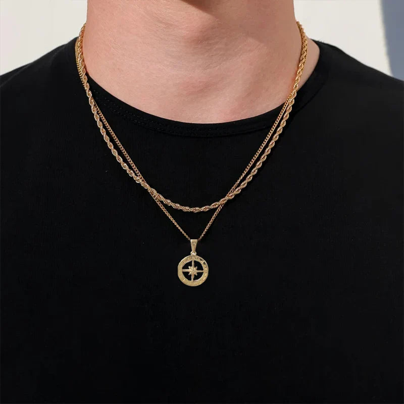 Hip Hop Men 18K Gold Plated Stainless Steel Compass Pendant North Star Charm Necklace Waterproof Jewelry For Men Gift