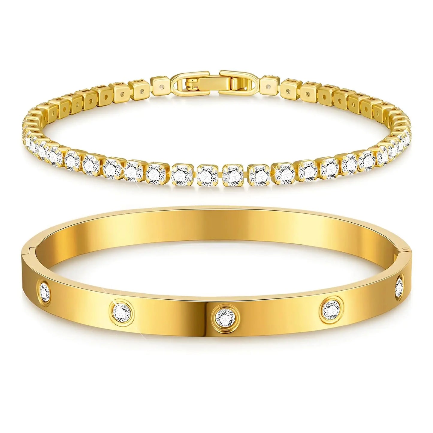 Yupsk 2 Pieces Stainless Steel Zirconia Tennis Bracelet Bangle Set Round Zircon CZ Aesthetic Women Jewelry Set Gift
