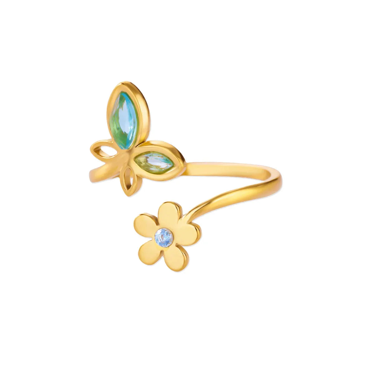 Elegant Zircon Flower Butterfly Rings For Women Gold Color Stainless Steel Flower Adjustable Ring Wedding Christmas Jewelry Gift