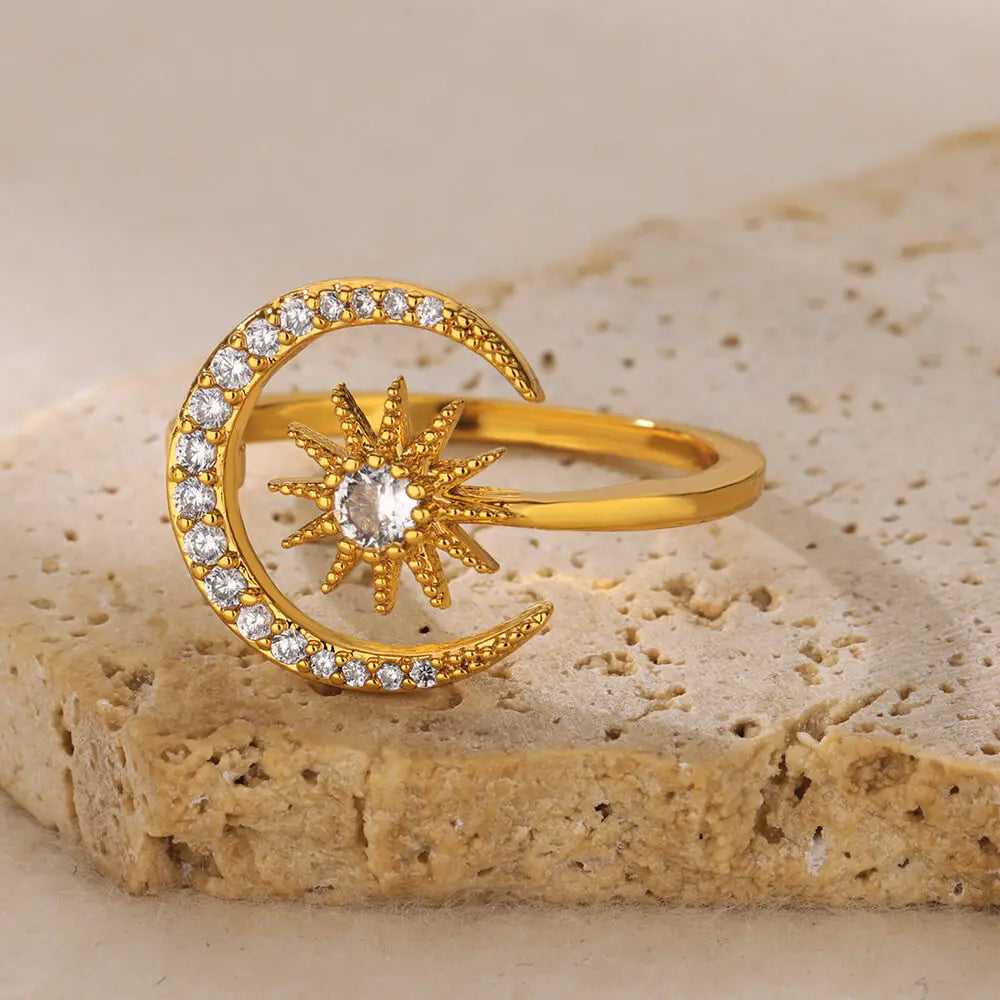 Gold Color Stainless Steel Geometric Rings for Women Zircon Heart Sun Moon Open Ring Fashion Aesthetic Jewelry Wedding Gift