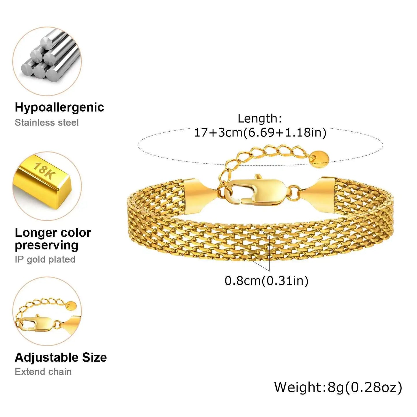 Mesh Link Chain Stainless Steel Bracelet for Women, 3mm/4mm/6mm Gold Plated Italian Chain Wristband Gift Jewelry, Non Tarnis