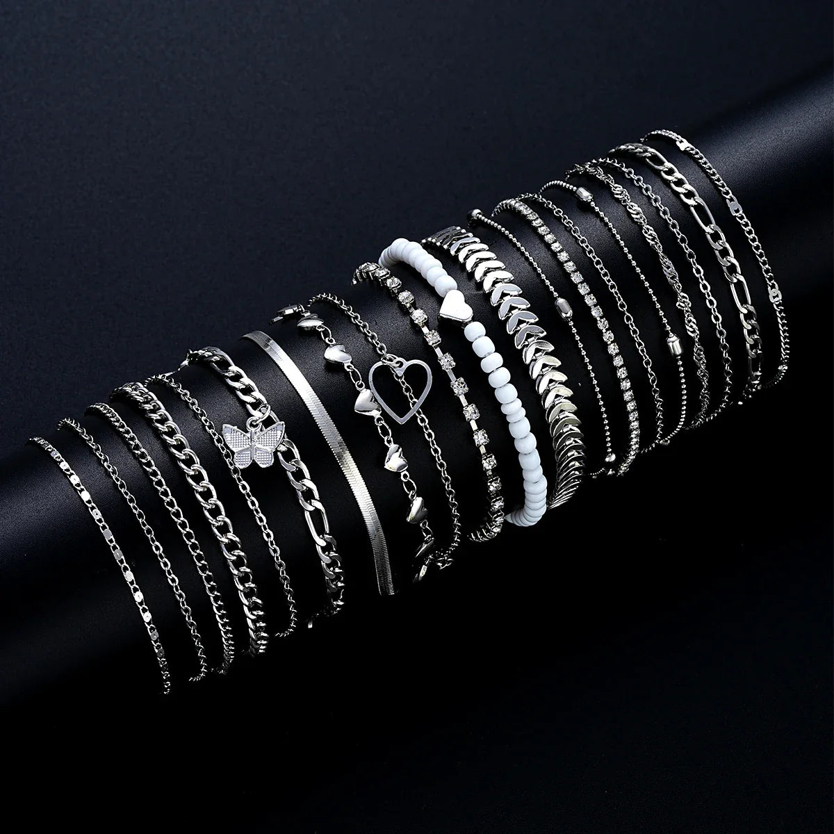 19Pcs/Set New Design Silver Color Anklet Sets for Women Fashion Pearl Butterfly Heart Crystal Foot Chain Versatile Daily Jewelry