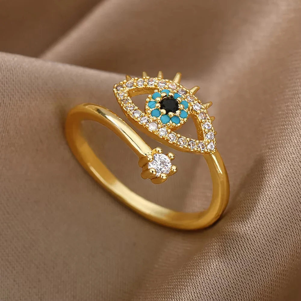 Stainless Steel Zircon Geometric Rings For Women Luxury Evil Eye Gold Color Adjustable Trendy Wedding Aesthetic Jewerly Gift