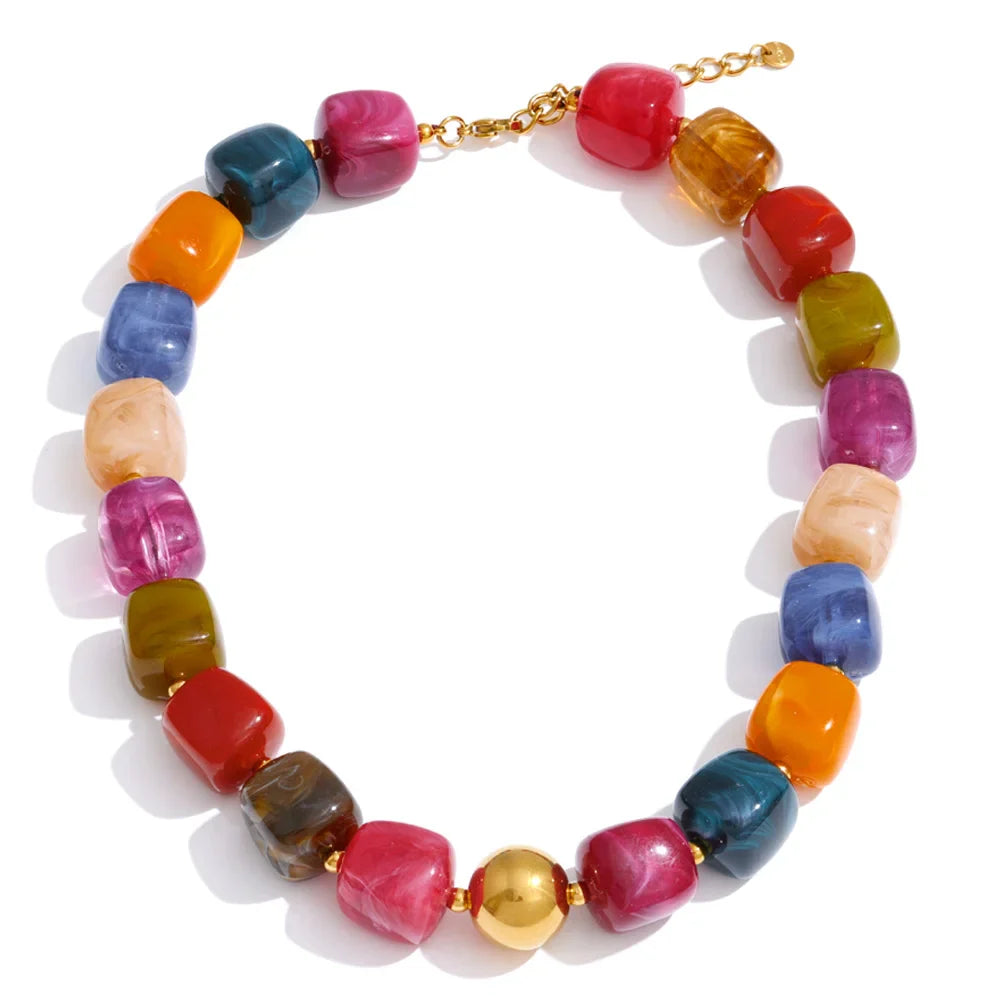 Yhpup Acrylic Square Beads Chain Necklace Bracelet Bangle Stainless Steel Handmade Jewelry Waterproof Green Khaki Pink Amber
