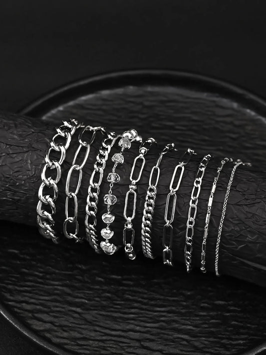 10pcs Stainless Steel Cuban Chain Bracelet for Men Women Figaro Vintage Metal Viking Kpop Pulseras Emo Cute Luxury Jewelry Gift