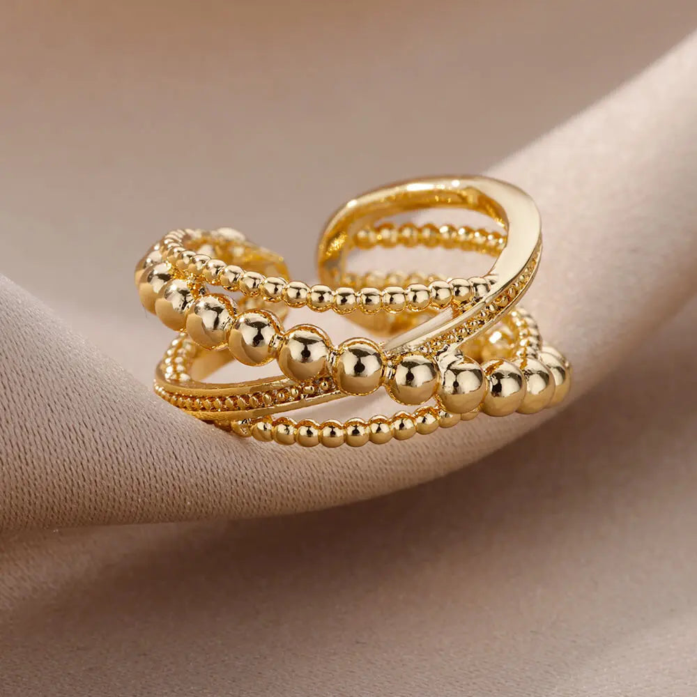 Stainless Steel Bead Twist Cross Rings For Women Gold Plated Irregular Opening Ring Wedding Aesthetic Jewelry anillos mujer